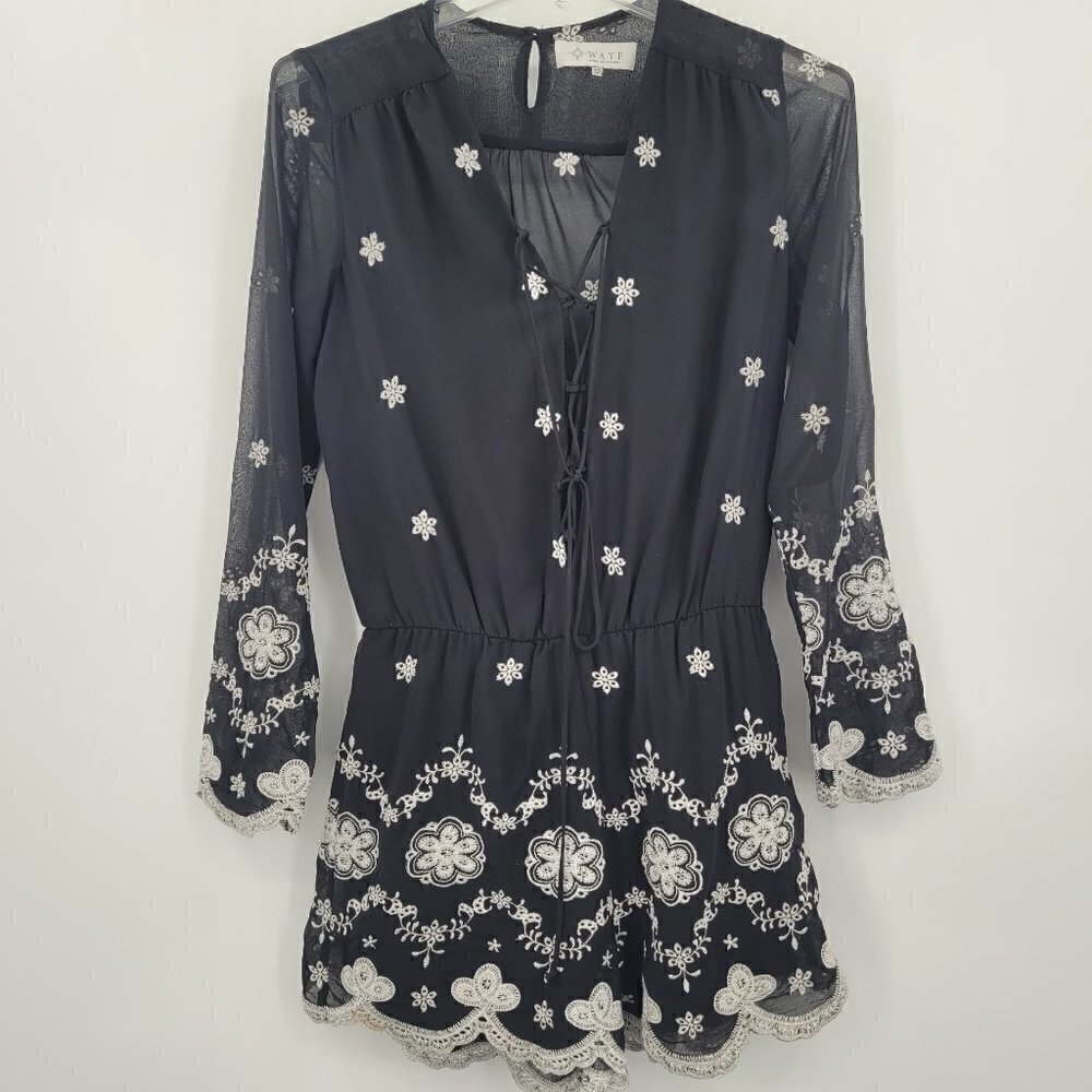 WAYF Black White Embroidered Lace Up Front Romper